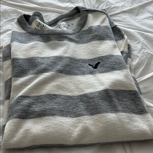 American Eagle Outfitters Gray and White Striped Long Sleeve Tee